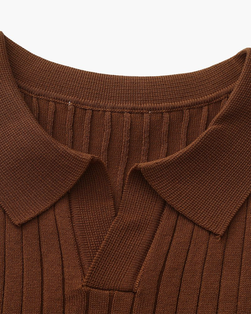 Men's Ribbed Open-Neck Polo With Short Sleeves - Brown