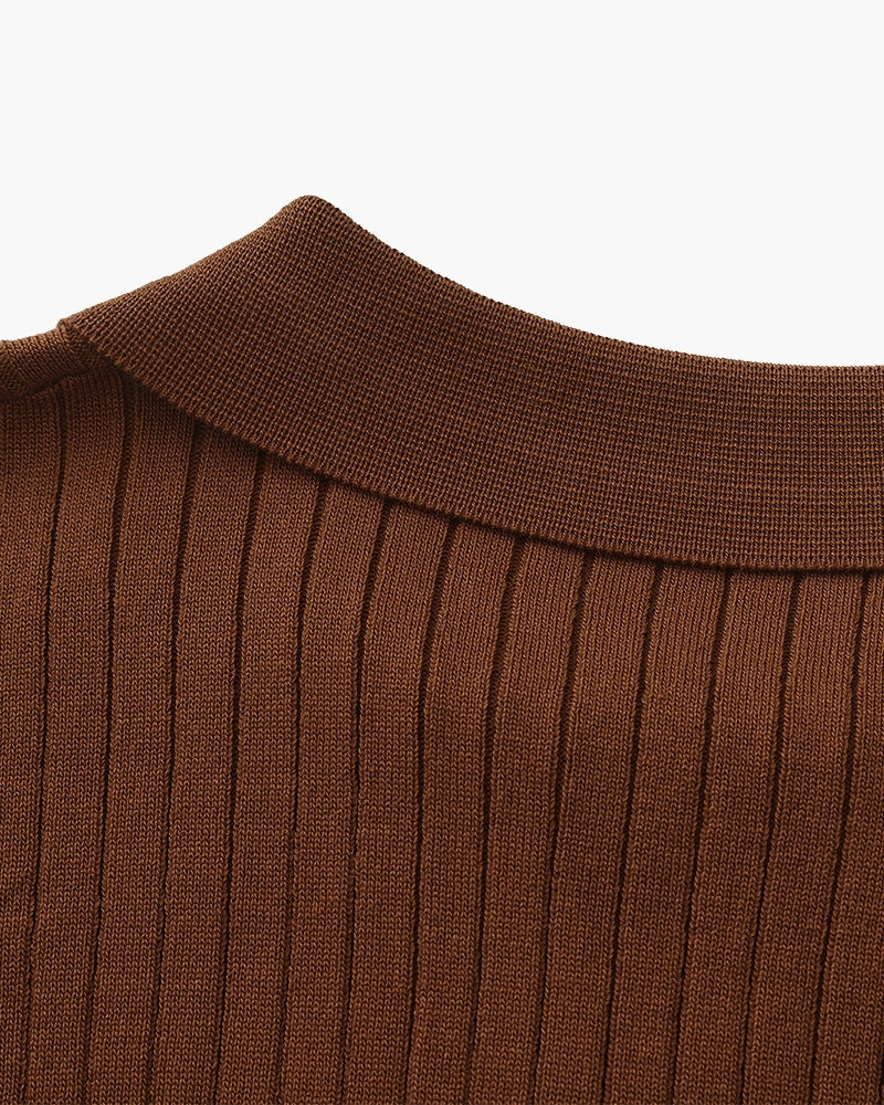 Men's Ribbed Open-Neck Polo With Short Sleeves - Brown