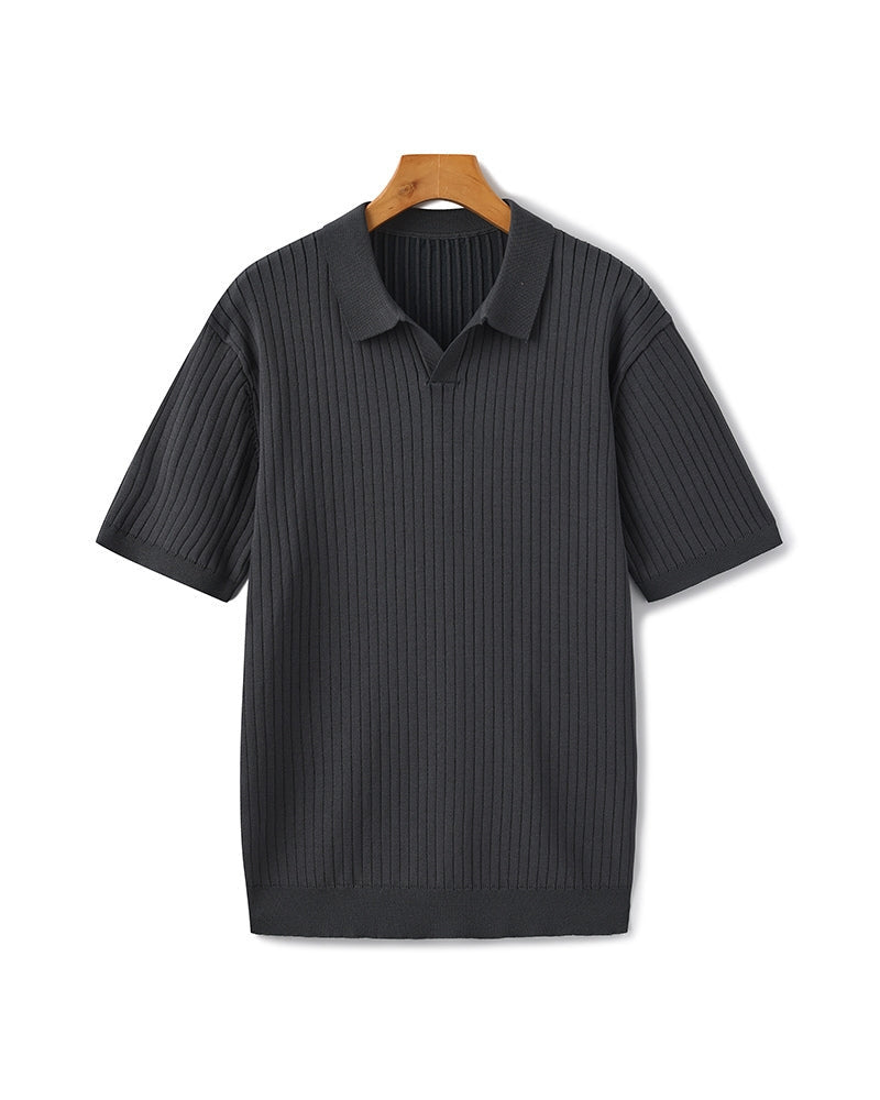 Men's Ribbed Open-Neck Polo With Short Sleeves - Grey