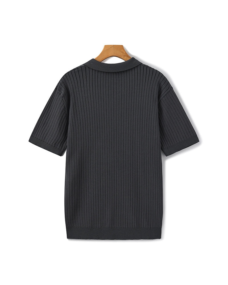 Men's Ribbed Open-Neck Polo With Short Sleeves - Grey