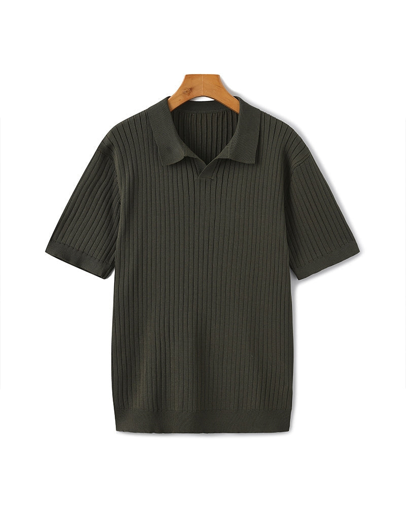 Men's Ribbed Open-Neck Polo With Short Sleeves - Green