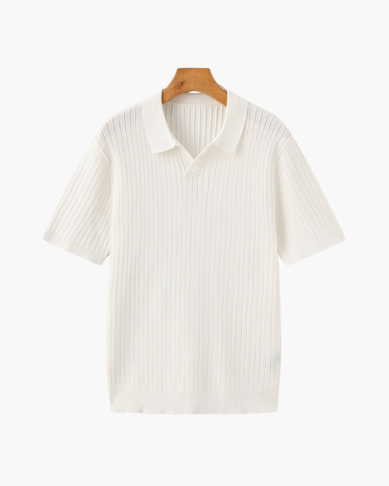 Men's Ribbed Open-Neck Polo With Short Sleeves - Ivory