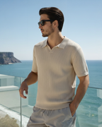 Men's Ribbed Open-Neck Polo With Short Sleeves - Beige