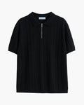Men's Ribbed Short-Sleeve Polo Shirt With Zip Neck - Black