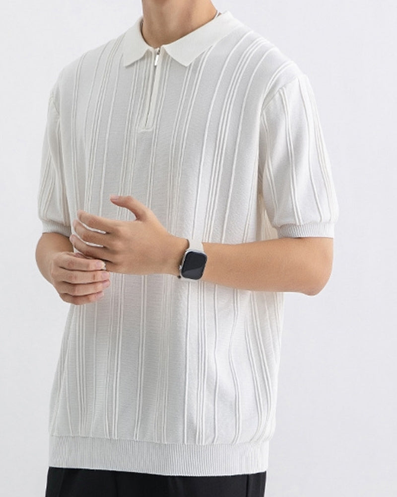 Men's Ribbed Short-Sleeve Polo Shirt With Zip Neck - White