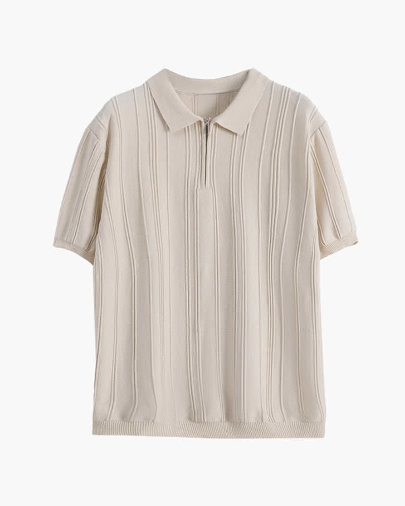 Men's Ribbed Short-Sleeve Polo Shirt With Zip Neck - Beige