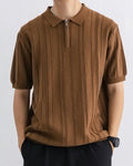 Men's Ribbed Short-Sleeve Polo Shirt With Zip Neck - Brown