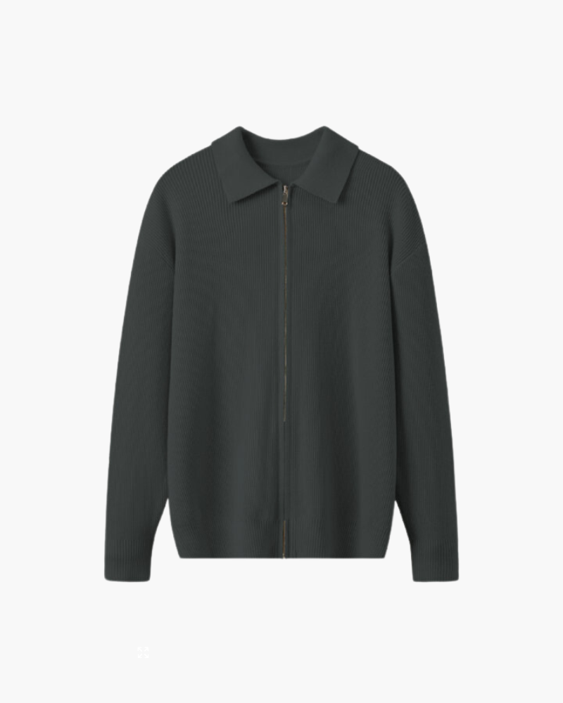 Men's Ribbed Zip Cardigan With Pointed Fold Collar - Grey
