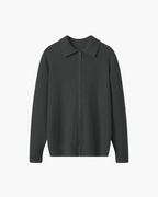 Men's Ribbed Zip Cardigan With Pointed Fold Collar - Grey
