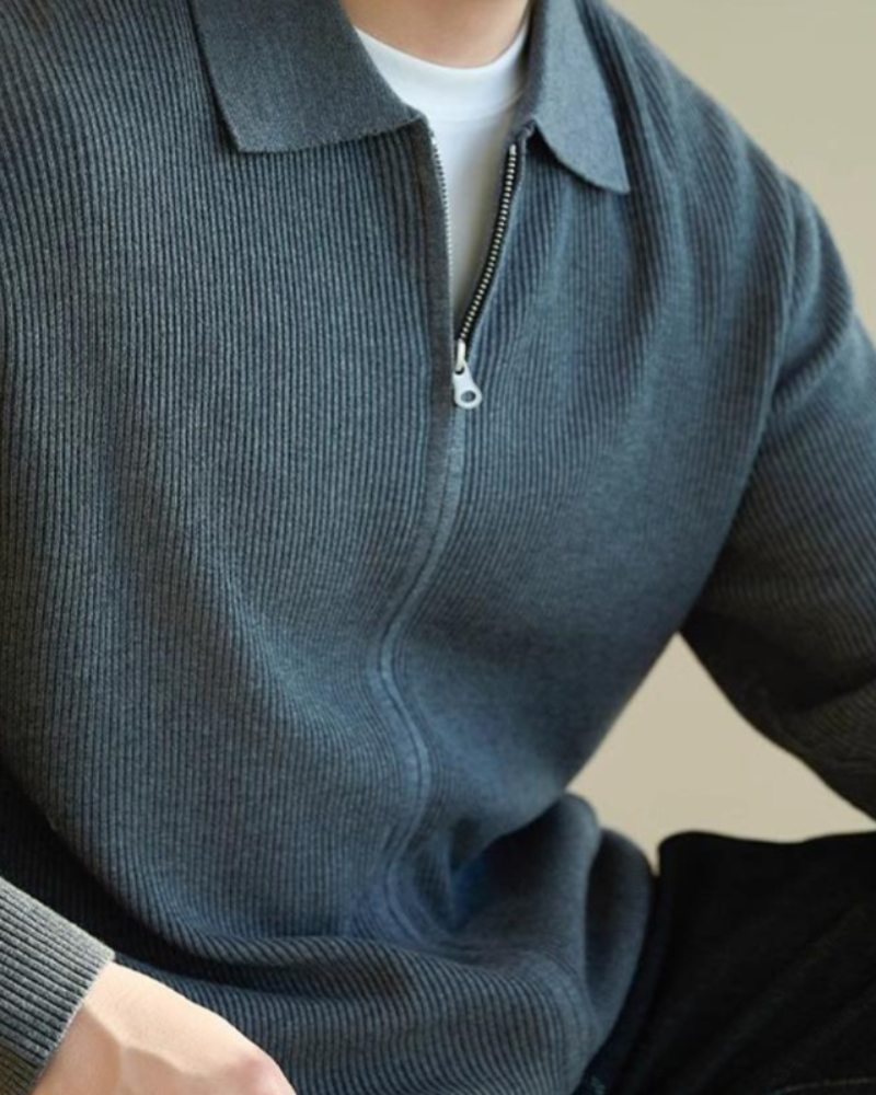 Men's Ribbed Zip Cardigan With Pointed Fold Collar - Grey