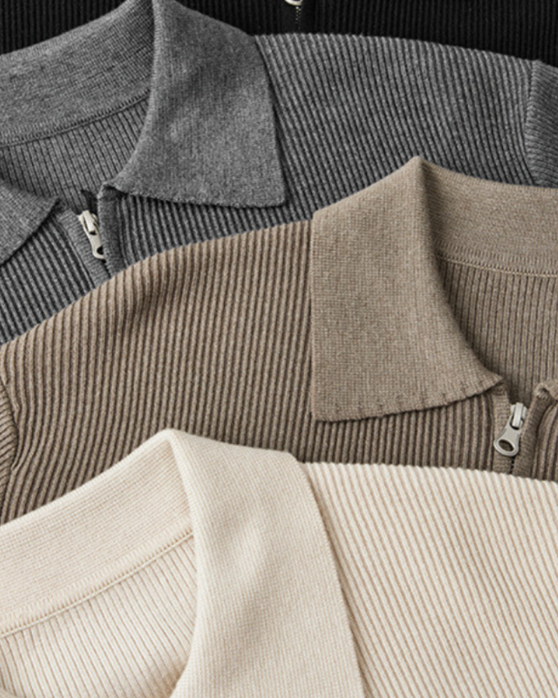 Men's Ribbed Zip Cardigan With Pointed Fold Collar - Colour options