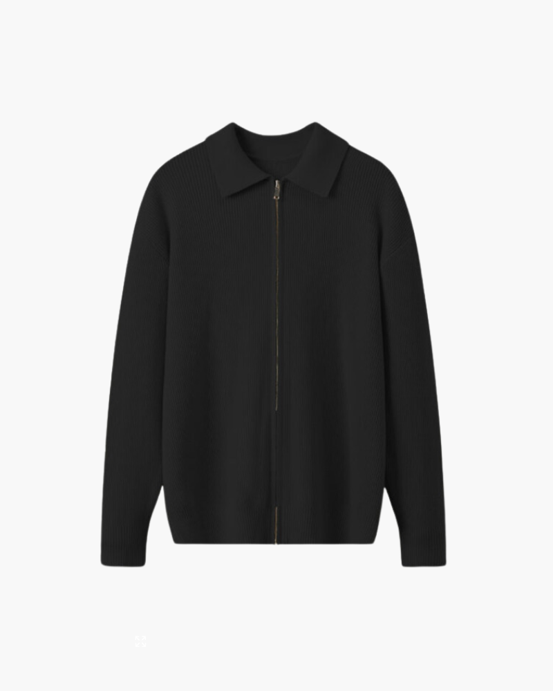 Men's Ribbed Zip Cardigan With Pointed Fold Collar - Black