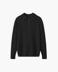 Men's Ribbed Zip Cardigan With Pointed Fold Collar - Black