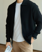 Men's Ribbed Zip Cardigan With Pointed Fold Collar - Black