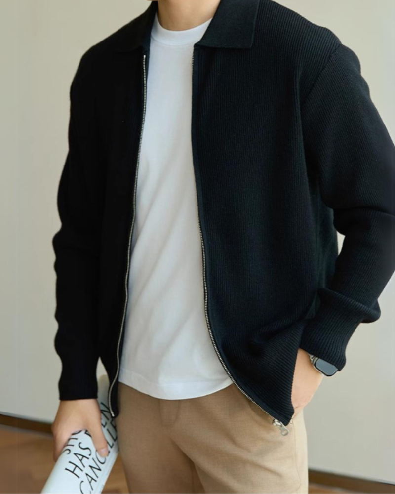 Men's Ribbed Zip Cardigan With Pointed Fold Collar - Black