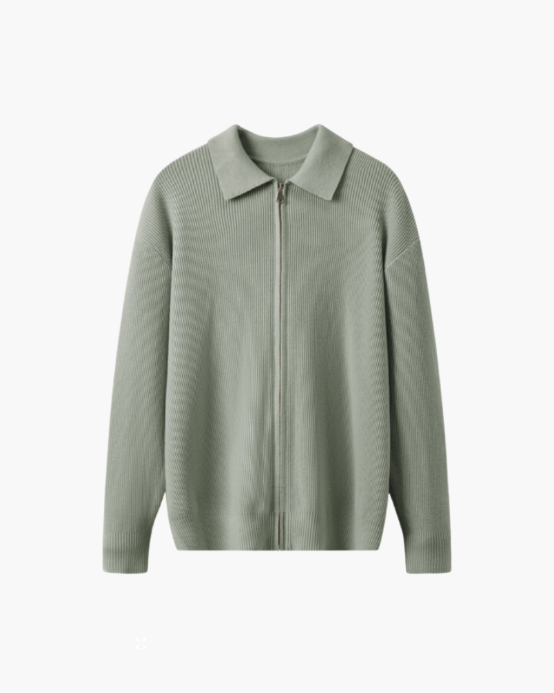 Men's Ribbed Zip Cardigan With Pointed Fold Collar - Green