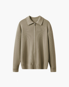 Men's Ribbed Zip Cardigan With Pointed Fold Collar - Beige