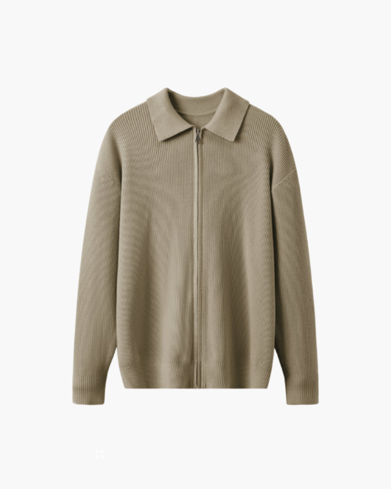 Men's Ribbed Zip Cardigan With Pointed Fold Collar - Beige