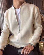 Men's Ribbed Zip-Front Cardigan With Short Round Neck - Nude