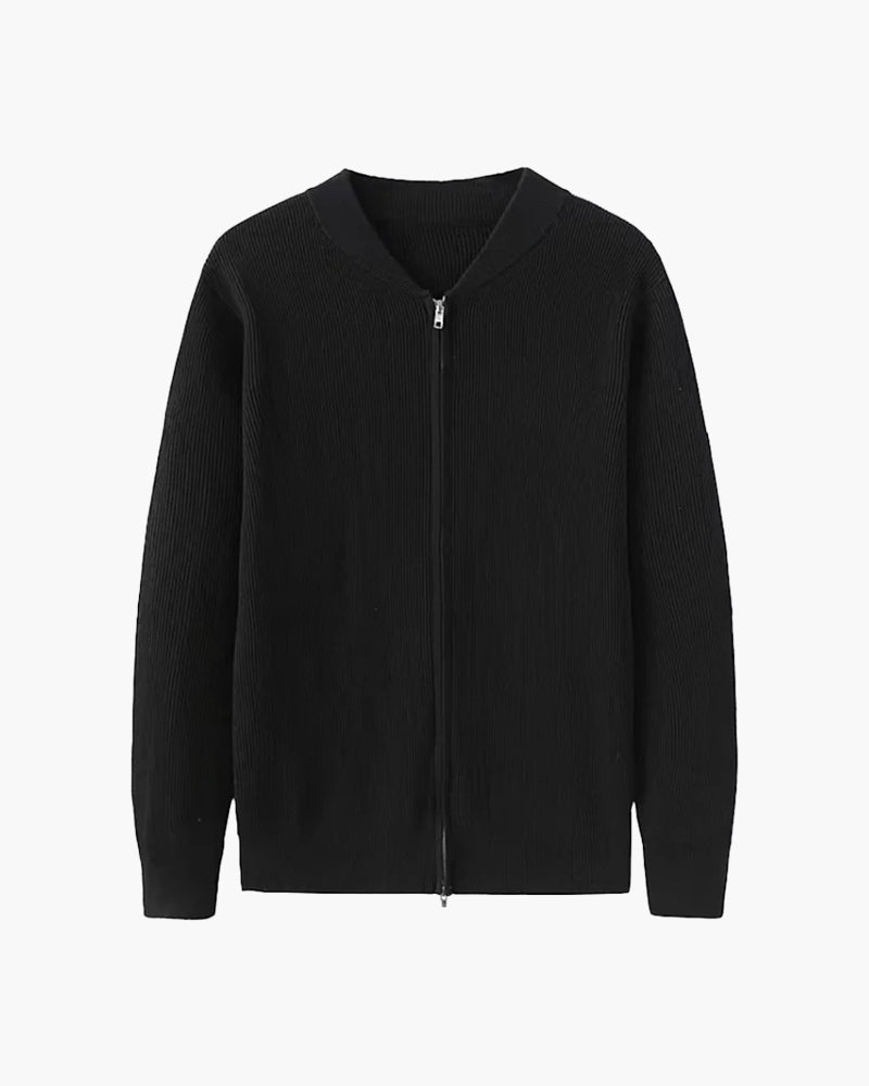 Men's Ribbed Zip-Front Cardigan With Short Round Neck - Black