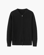 Men's Ribbed Zip-Front Cardigan With Short Round Neck - Black