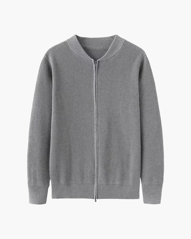 Men's Ribbed Zip-Front Cardigan With Short Round Neck - Grey