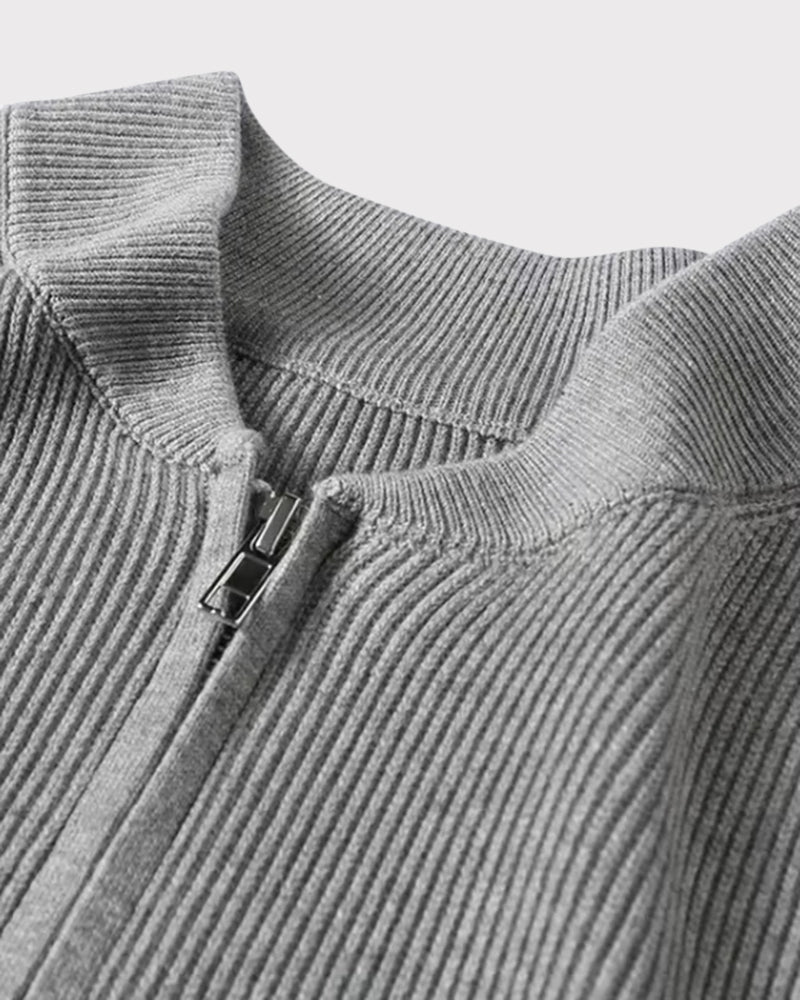Men's Ribbed Zip-Front Cardigan With Short Round Neck - Grey