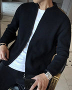 Men's Ribbed Zip-Front Cardigan With Short Round Neck - Black