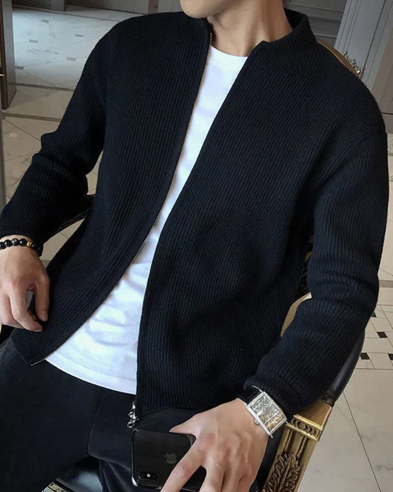 Men's Ribbed Zip-Front Cardigan With Short Round Neck - Black