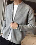 Men's Ribbed Zip-Front Cardigan With Short Round Neck - Grey