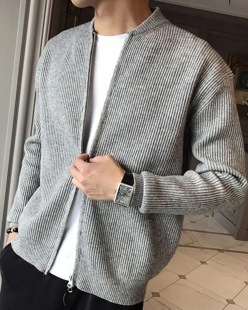 Men's Ribbed Zip-Front Cardigan With Short Round Neck - Grey