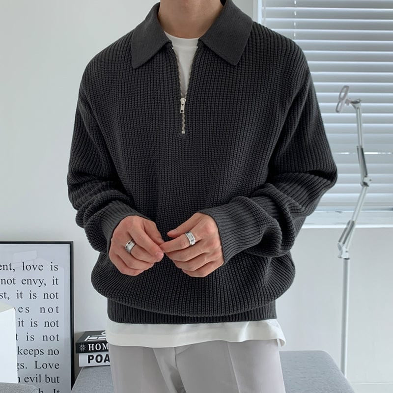 Men's Ribbed Zip Jumper With Broad Turned Collar - Black