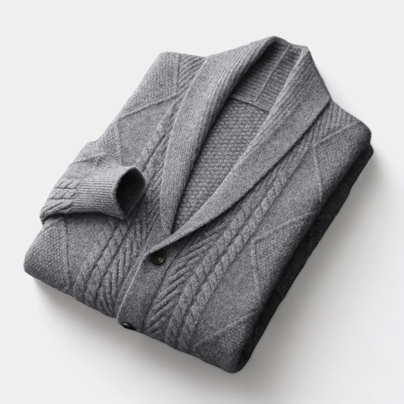 Men's Shawl Collar Cardigan With Cable-Knit Front - Grey