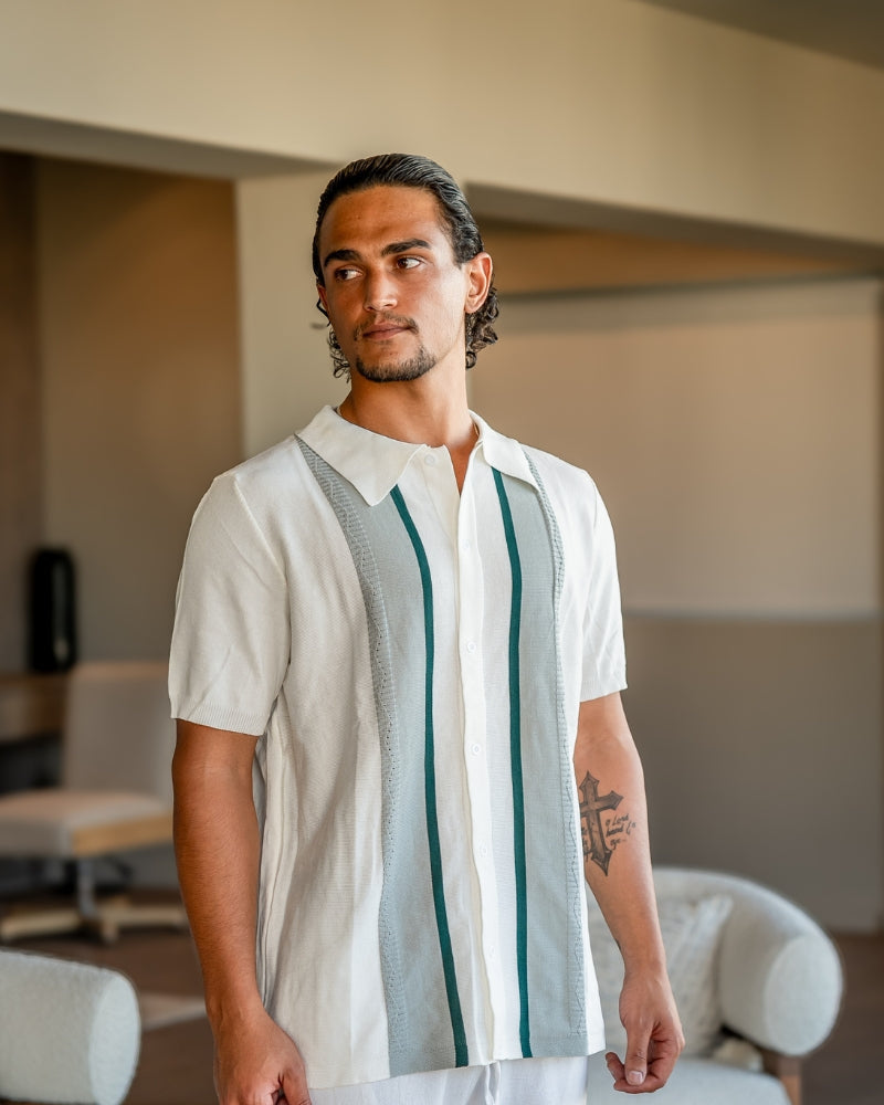 Men's Short-Sleeve Button Shirt With Striped Panels - White