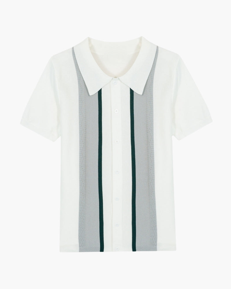 Men's Short-Sleeve Button Shirt With Striped Panels - White