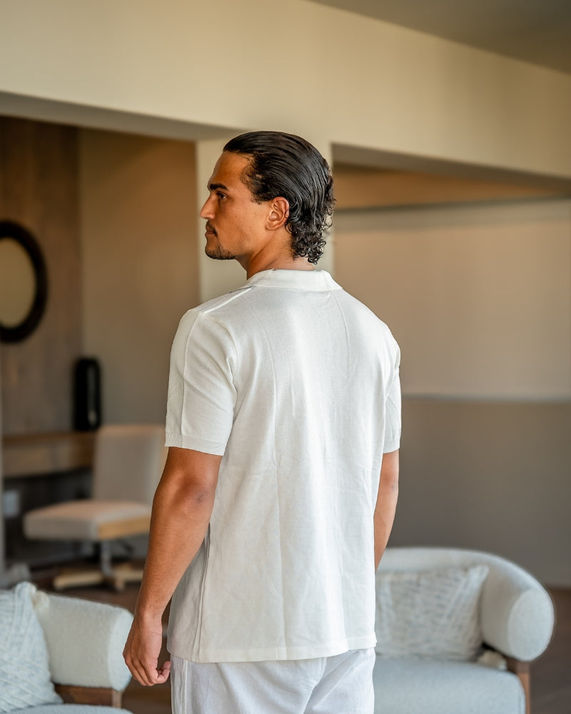 Men's Short-Sleeve Button Shirt With Striped Panels - White