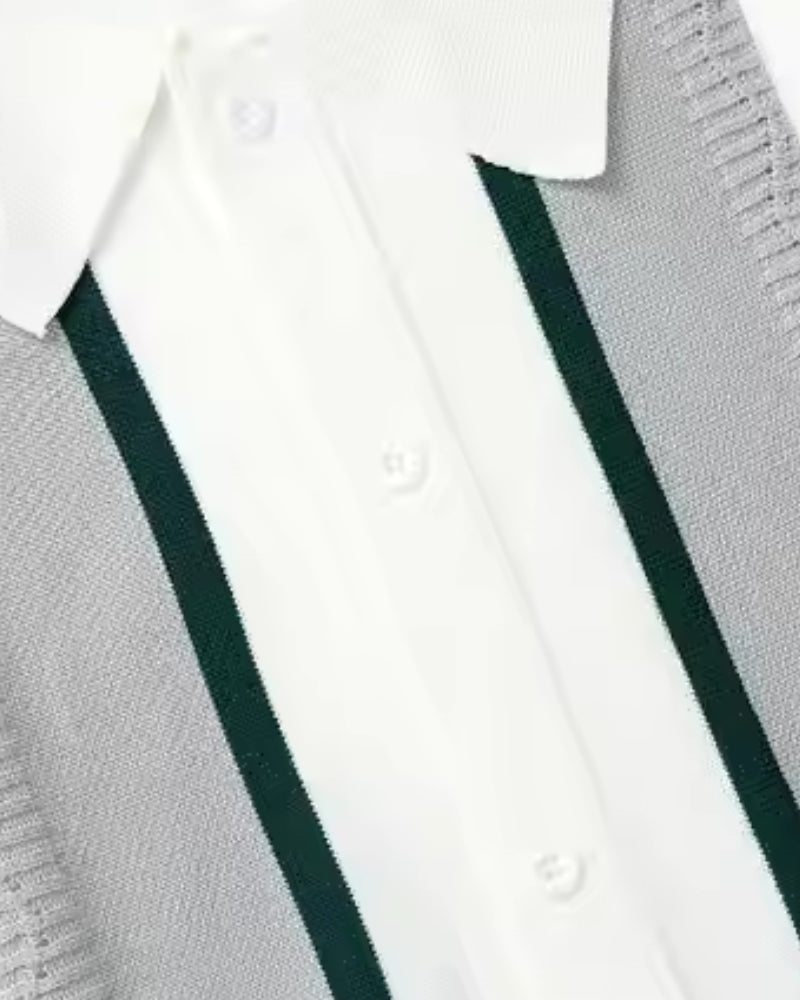 Men's Short-Sleeve Button Shirt With Striped Panels - White
