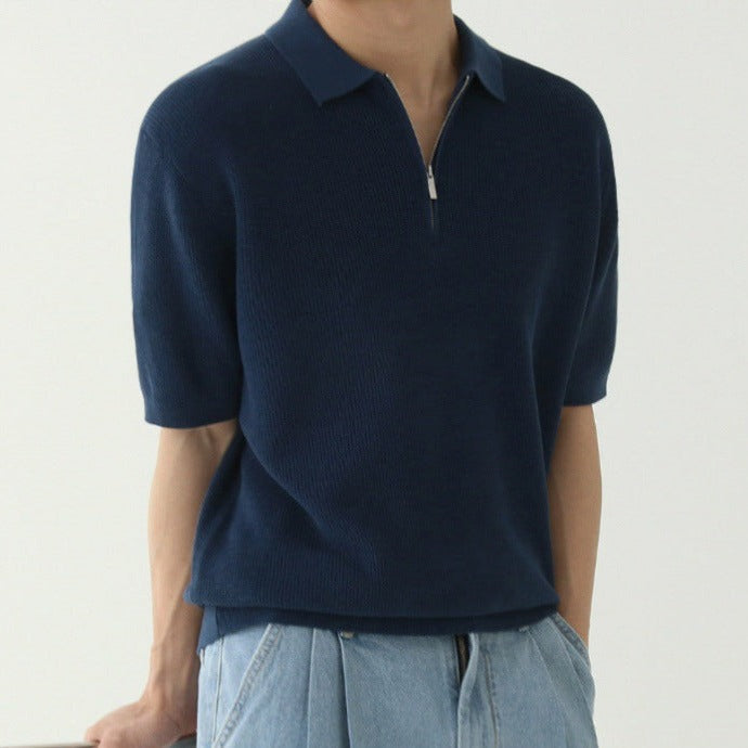 Men's Short-Sleeve Knit Polo With Quarter Zip Placket - Navy