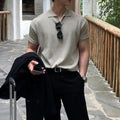 Men's Short-Sleeve Knitted Polo With Open Flat Collar - Beige