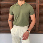 Men's Short-Sleeve Knitted Polo With Open V Collar - Khaki