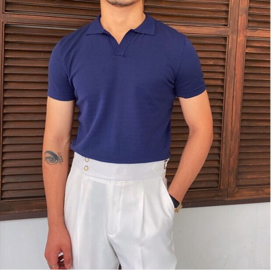 Men's Short-Sleeve Knitted Polo With Open V Collar - Colour options