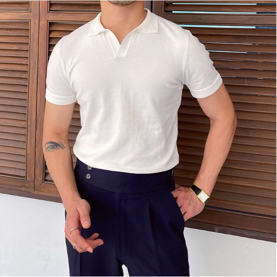 Men's Short-Sleeve Knitted Polo With Open V Collar - Colour options