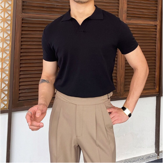 Men's Short-Sleeve Knitted Polo With Open V Collar - Colour options