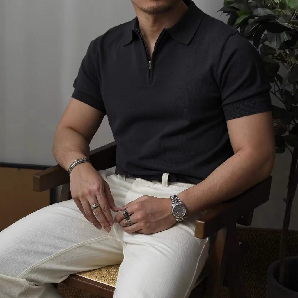 Men's Short-Sleeve Knitted Polo With Quarter Zip Neck - Black