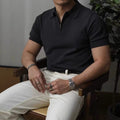 Men's Short-Sleeve Knitted Polo With Quarter Zip Neck - Black