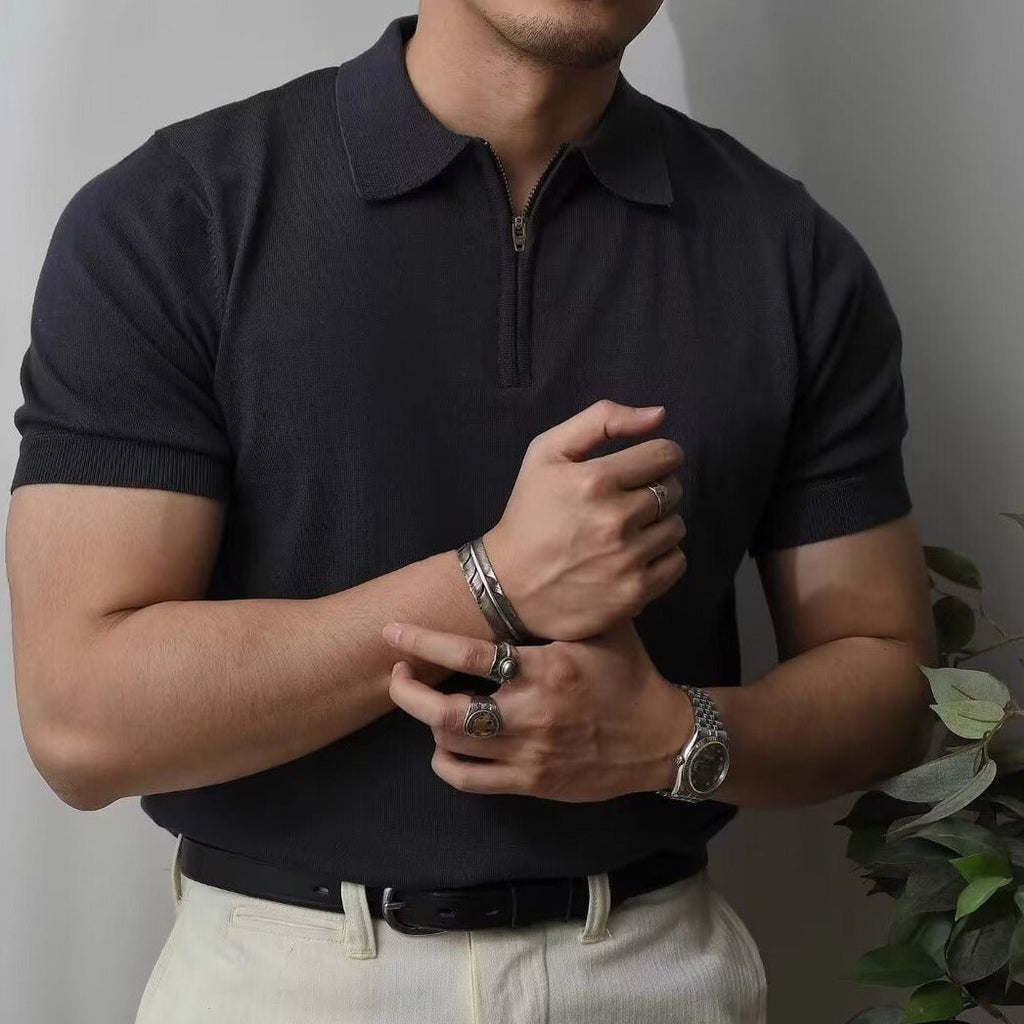 Men's Short-Sleeve Knitted Polo With Quarter Zip Neck - Colour options