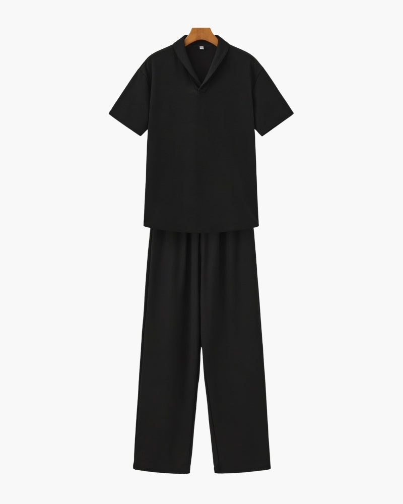 Men's Short-Sleeve Polo And Drawstring Trouser Set - Black