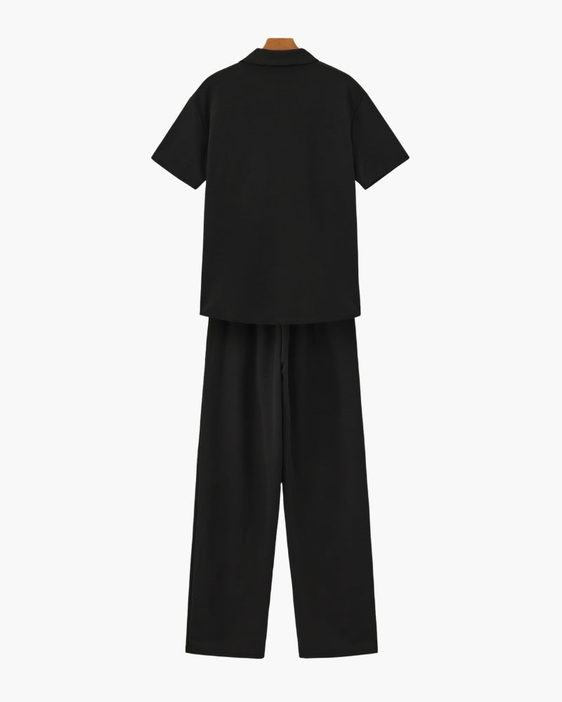 Men's Short-Sleeve Polo And Drawstring Trouser Set - Black