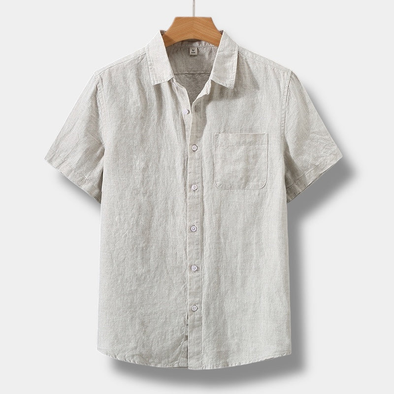 Men's Short-Sleeve Shirt With Patch Pocket And Point Collar - Beige