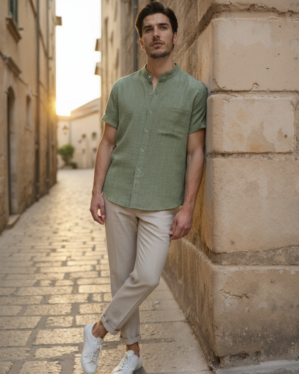 Men's Short-Sleeve Stand-Collar Shirt With Pocket - Green